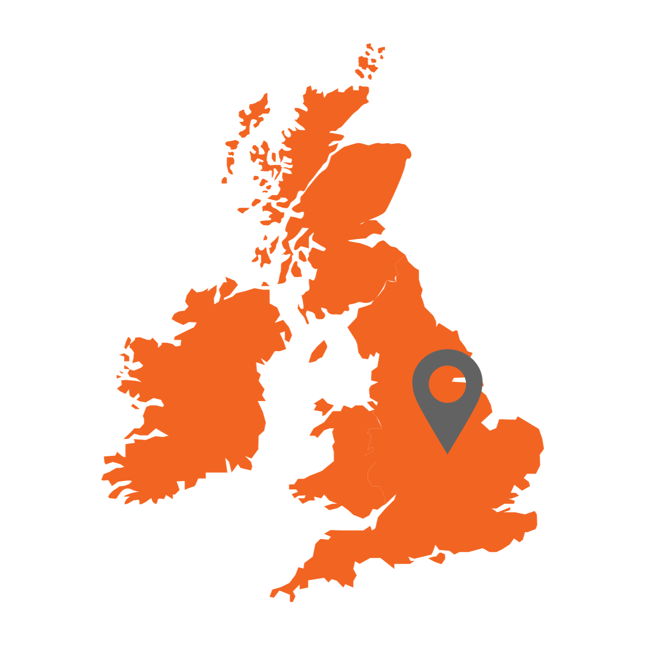 Orange map of the British Isles, with the East Midlands pointed out by a grey location pin