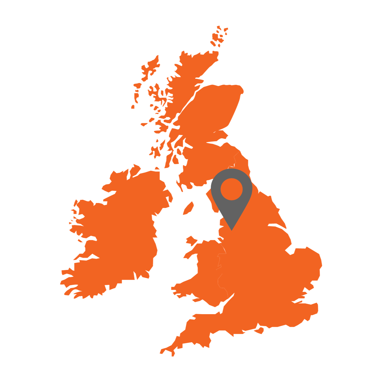 Orange map of the British Isles with a grey location marker on the North West