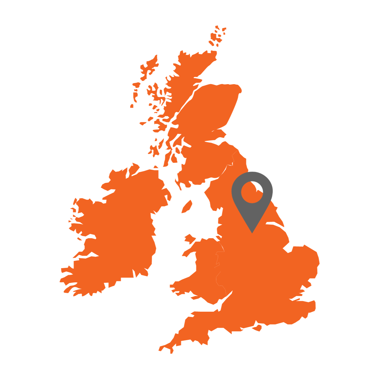 Orange map of the British Isles with a grey location marker pointing at South Yorkshire