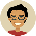 Cartoon of smiling man with glasses and black hair